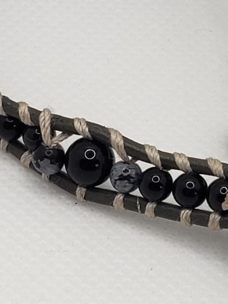 Leather Bracelet with Onyx and Snowflake Obsidian picture