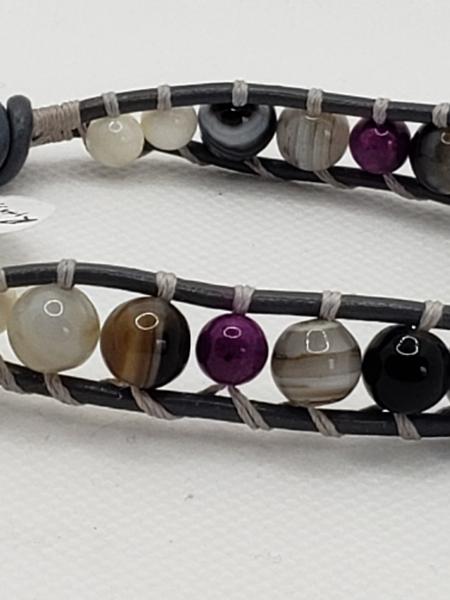 Gray Leather Bracelet with Agate and purple Riverstone beads picture