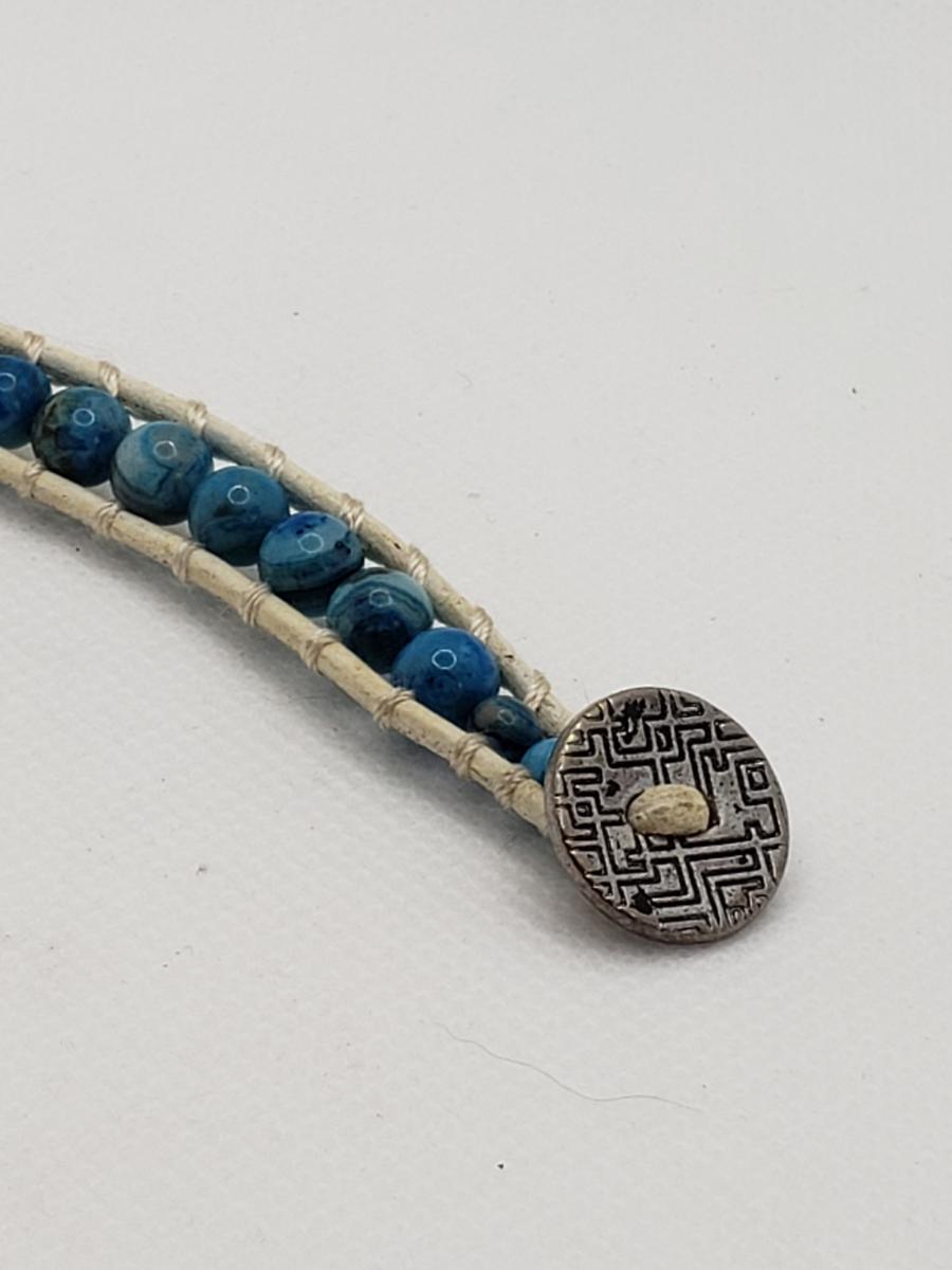 Blue Crazy Lace Agate on white leather wrapped bracelet picture