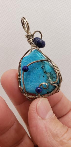 Wire wrapped Genuine Turquoise freeform pendant in sterling silver with Lapis beads picture