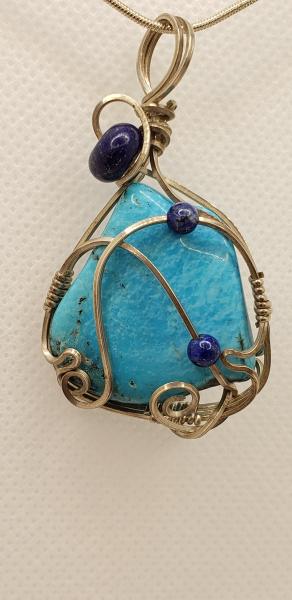 Wire wrapped Genuine Turquoise freeform pendant in sterling silver with Lapis beads picture