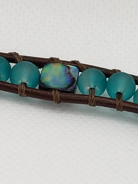 Brown Leather Bracelet with aqua sea glass and abalone shell beads picture