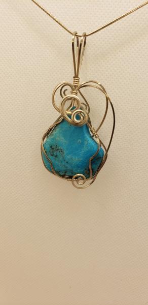 Wire wrapped Genuine Turquoise freeform pendant in sterling silver picture