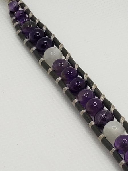 Leather Bracelet with Amethyst and moonstone, gray leather picture