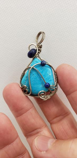 Wire wrapped Genuine Turquoise freeform pendant in sterling silver with Lapis beads picture