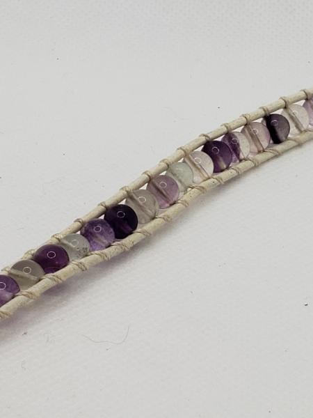 White Leather Bracelet with Fluorite beads picture