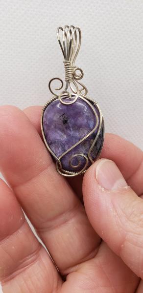 Wire wrapped Russian Charoite freeform Pendant in Argentum sterling silver