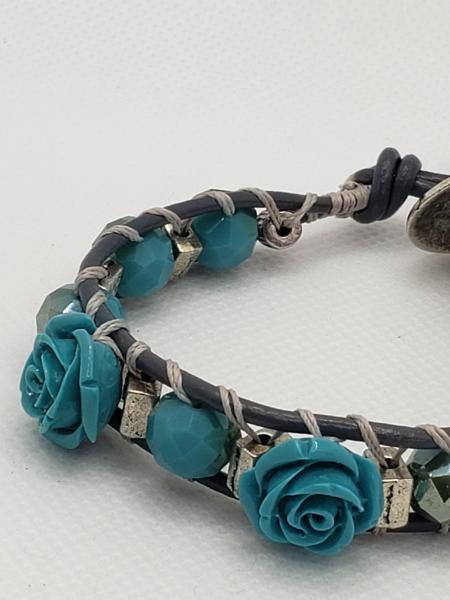 Blue flowers on Gray Leather Bracelet picture