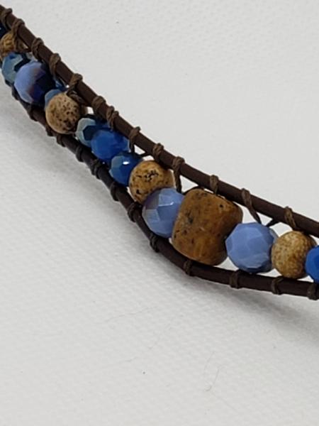 Brown Leather Bracelet with Picture Jasper and blue beads picture