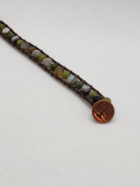 Brown Leather Bracelet with Greenish Agate beads picture