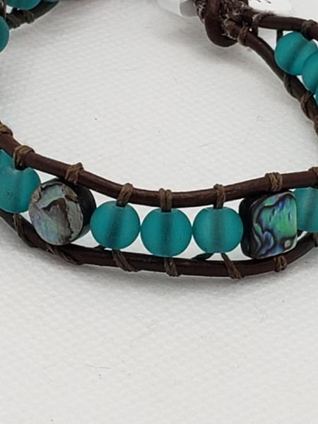 Brown Leather Bracelet with aqua sea glass and abalone shell beads picture