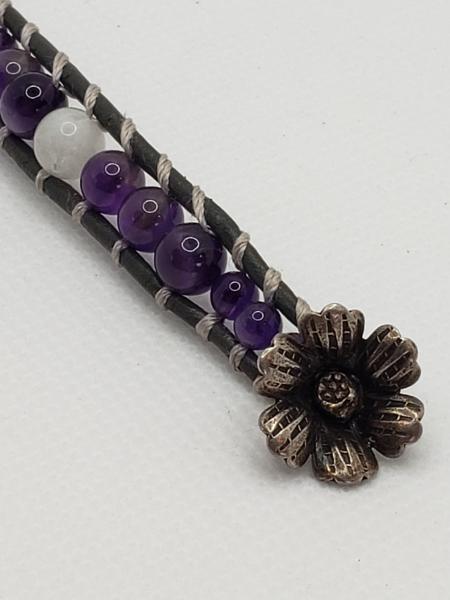 Leather Bracelet with Amethyst and moonstone, gray leather picture