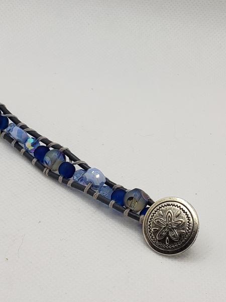 Gray Leather Bracelet with Blue glass beads picture
