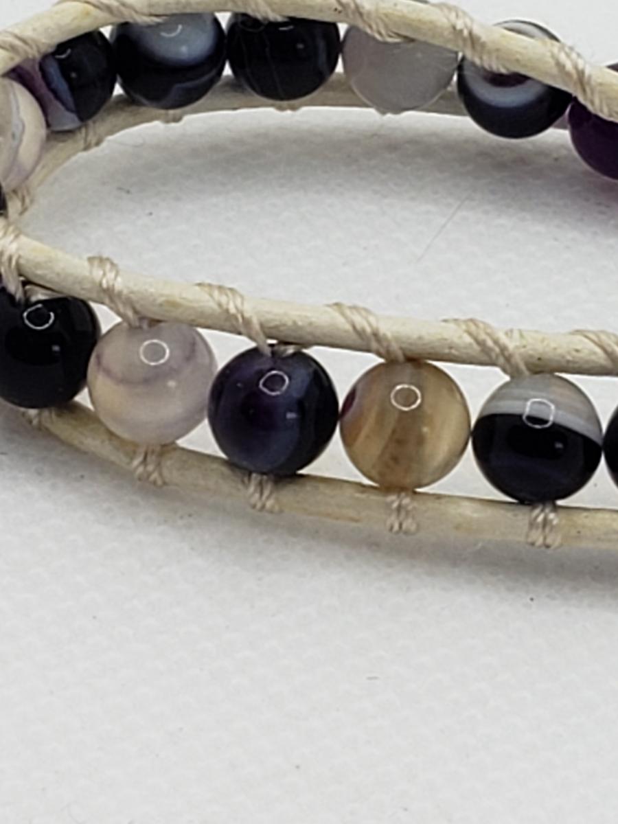 White Leather Bracelet with Purple Agate beads picture