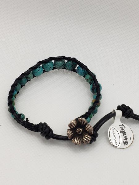 Leather Bracelet with Genuine Turquoise, black leather picture
