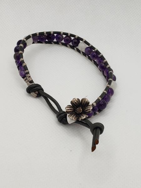 Leather Bracelet with Amethyst and moonstone, gray leather picture