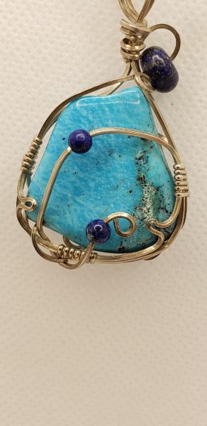 Wire wrapped Genuine Turquoise freeform pendant in sterling silver with Lapis beads picture