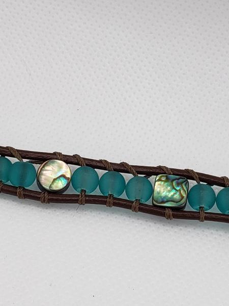 Brown Leather Bracelet with aqua sea glass and abalone shell beads picture