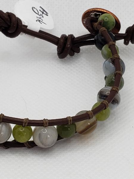 Brown Leather Bracelet with Greenish Agate beads picture