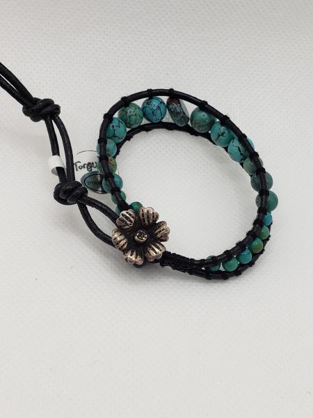 Leather Bracelet with Genuine Turquoise, black leather picture