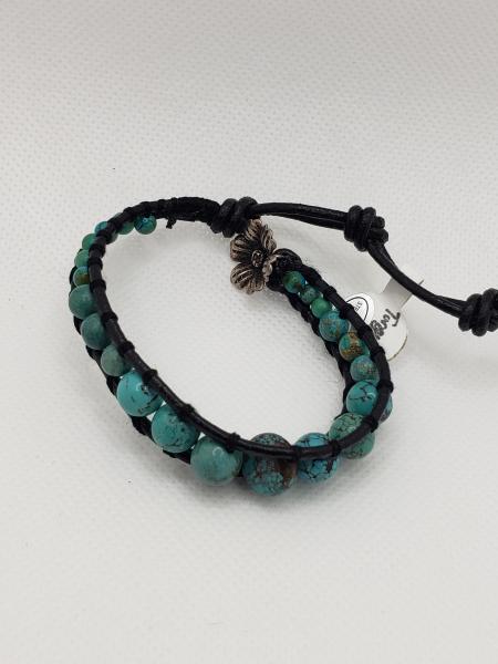 Leather Bracelet with Genuine Turquoise, black leather picture