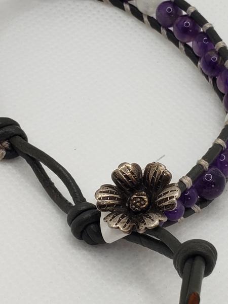 Leather Bracelet with Amethyst and moonstone, gray leather picture