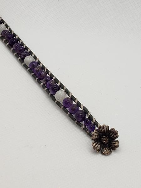 Leather Bracelet with Amethyst and moonstone, gray leather picture