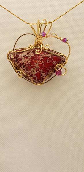 Wire wrapped Ruby Impression Jasper Pendant in 14K gold filled wire