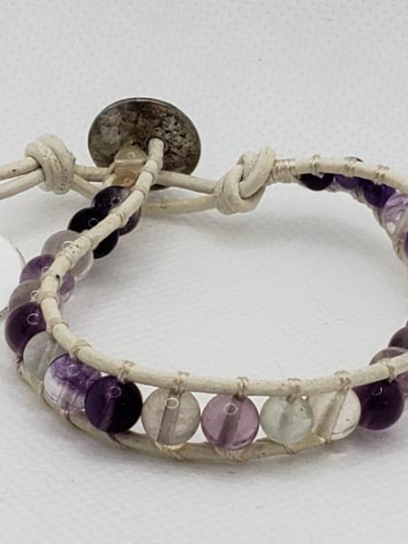 White Leather Bracelet with Fluorite beads picture