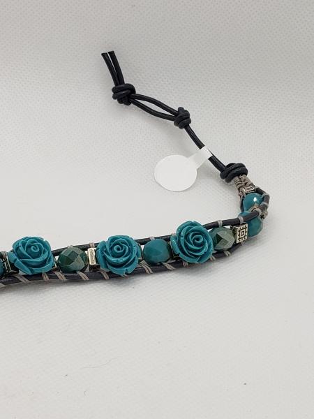 Blue flowers on Gray Leather Bracelet picture