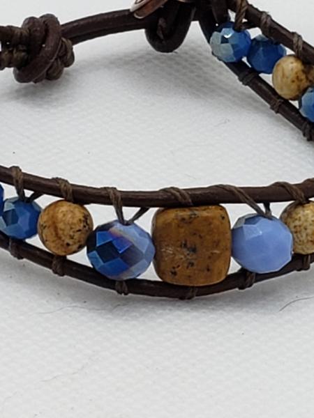 Brown Leather Bracelet with Picture Jasper and blue beads picture