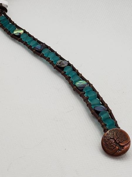 Brown Leather Bracelet with aqua sea glass and abalone shell beads picture