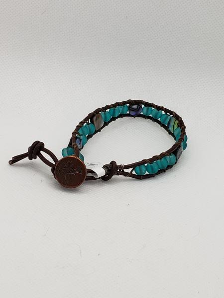 Brown Leather Bracelet with aqua sea glass and abalone shell beads picture