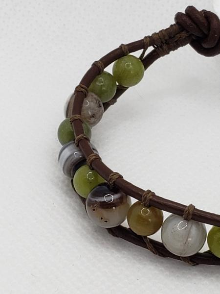 Brown Leather Bracelet with Greenish Agate beads picture
