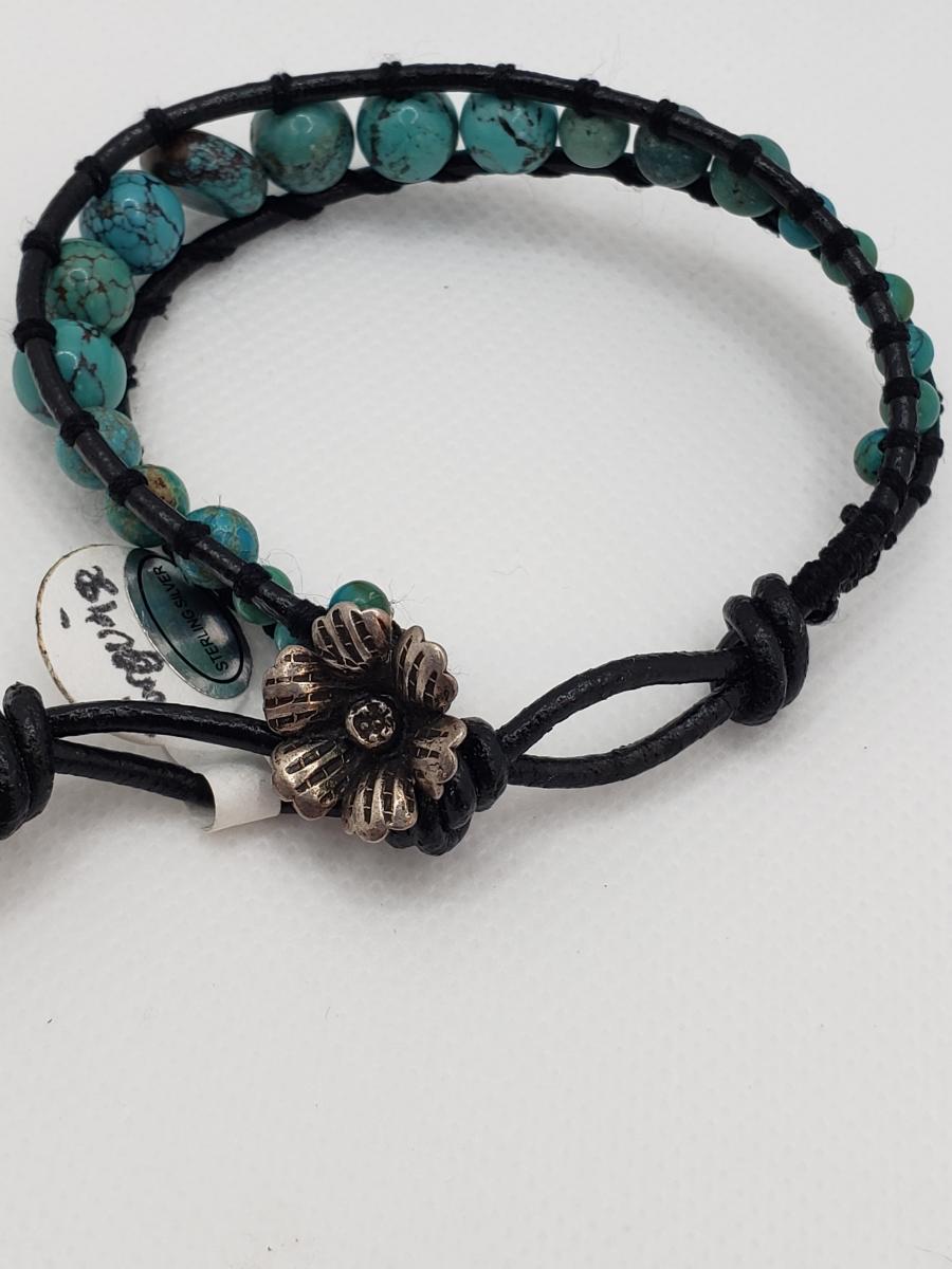 Leather Bracelet with Genuine Turquoise, black leather picture