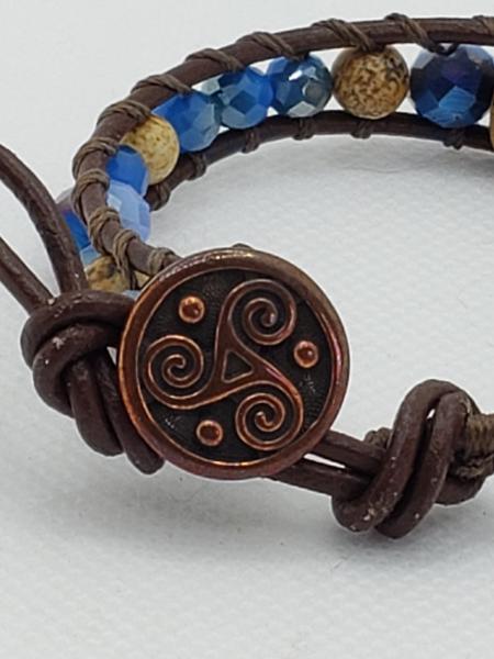 Brown Leather Bracelet with Picture Jasper and blue beads picture