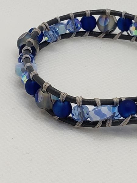 Gray Leather Bracelet with Blue glass beads picture