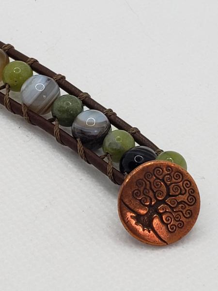 Brown Leather Bracelet with Greenish Agate beads picture