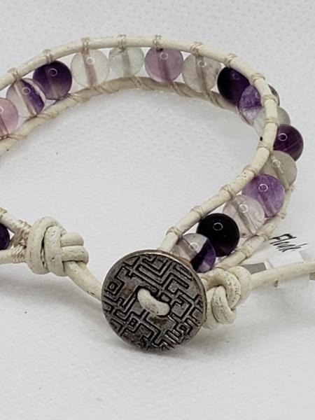 White Leather Bracelet with Fluorite beads picture