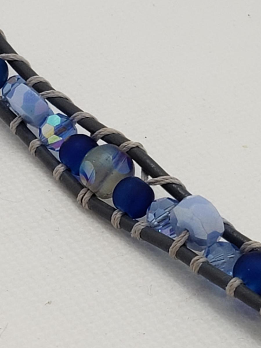 Gray Leather Bracelet with Blue glass beads picture