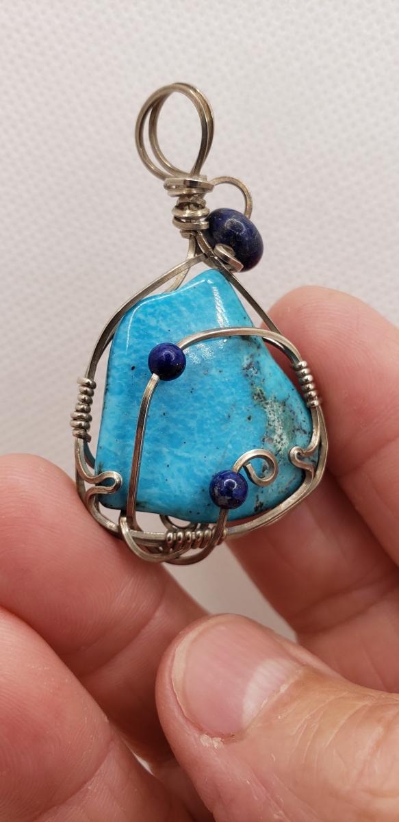 Wire wrapped Genuine Turquoise freeform pendant in sterling silver with Lapis beads picture