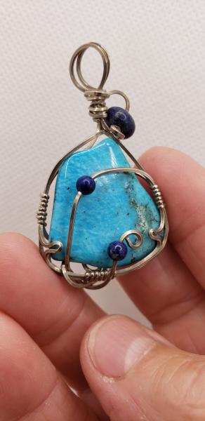 Wire wrapped Genuine Turquoise freeform pendant in sterling silver with Lapis beads picture