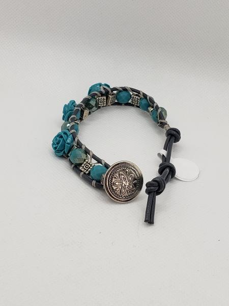 Blue flowers on Gray Leather Bracelet