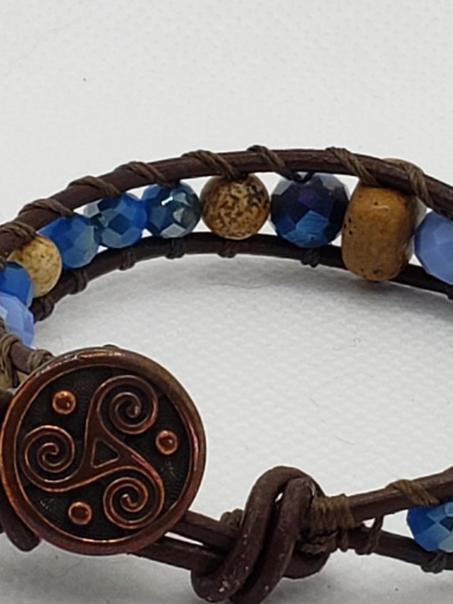 Brown Leather Bracelet with Picture Jasper and blue beads picture