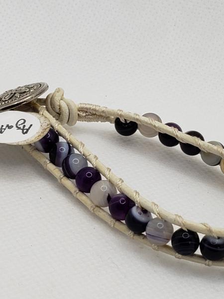 White Leather Bracelet with Purple Agate beads picture