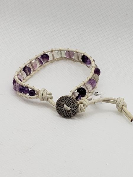 White Leather Bracelet with Fluorite beads picture