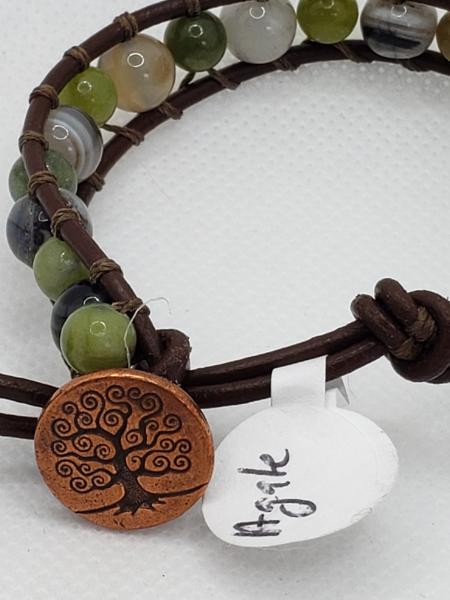 Brown Leather Bracelet with Greenish Agate beads picture