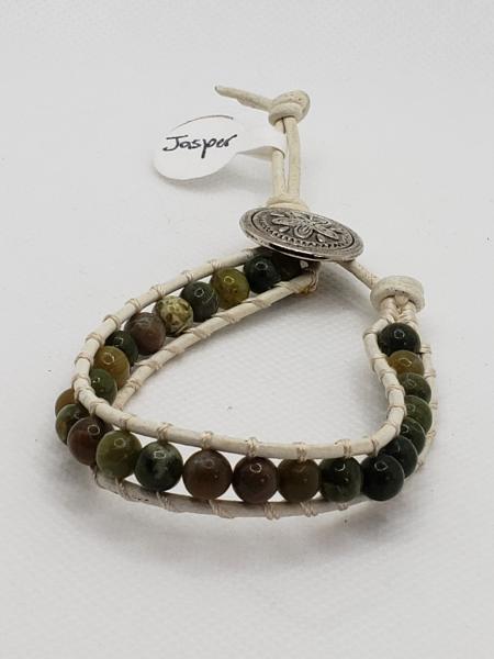 White Leather Bracelet with Jasper beads picture