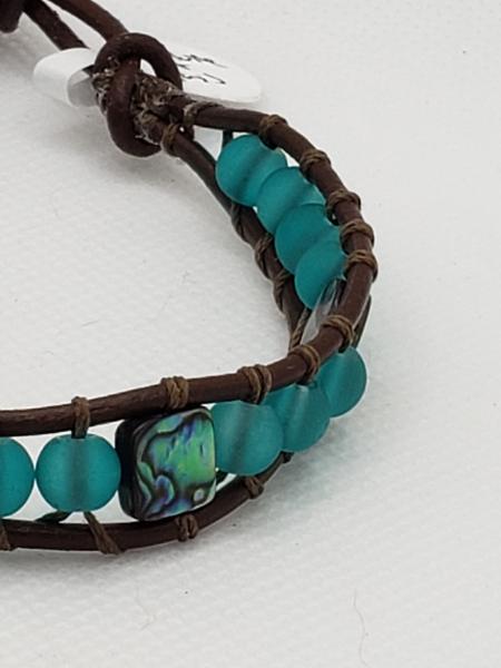 Brown Leather Bracelet with aqua sea glass and abalone shell beads picture