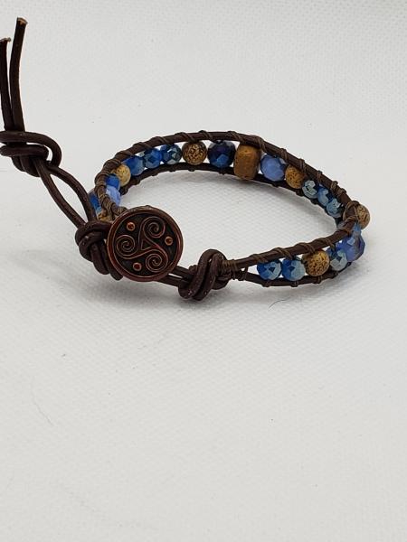 Brown Leather Bracelet with Picture Jasper and blue beads